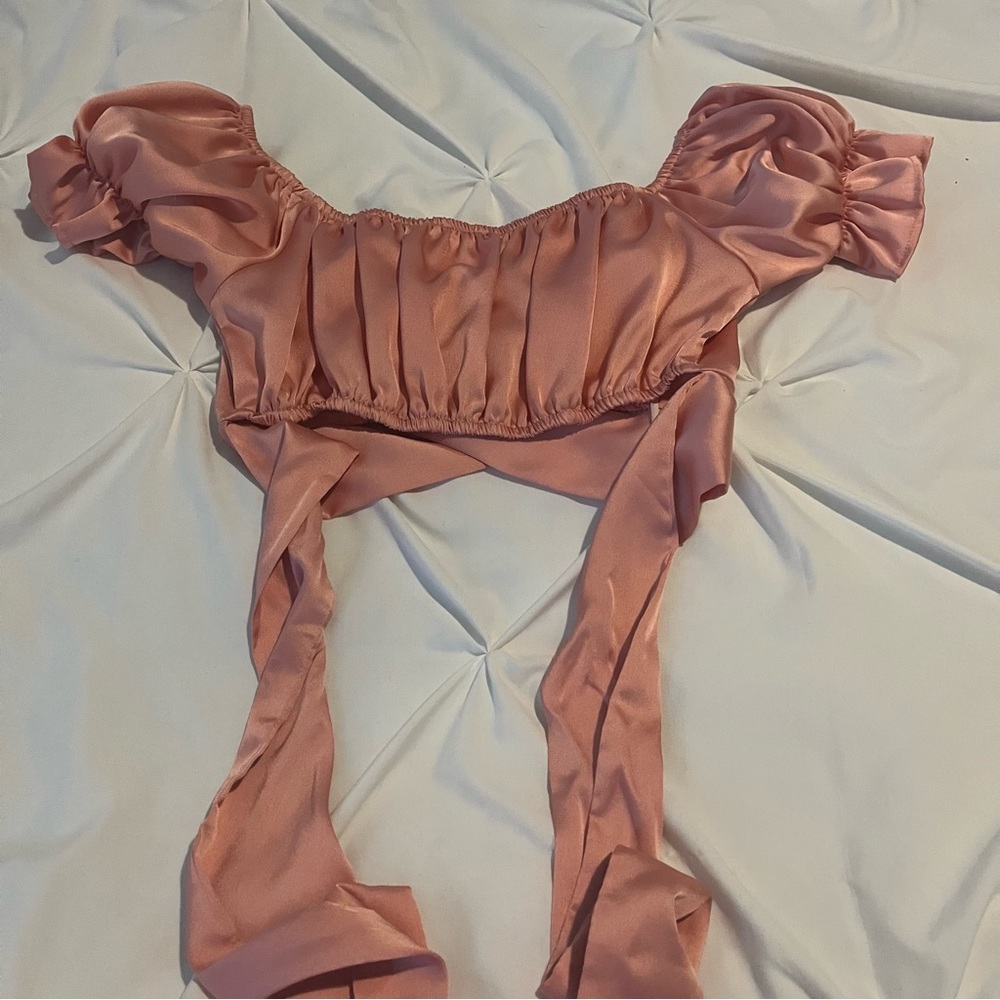 Women Ruffle Off Shoulder Crop Top Satin Strapless Short Sleeve Self Tie Blouse - Picture 5 of 7